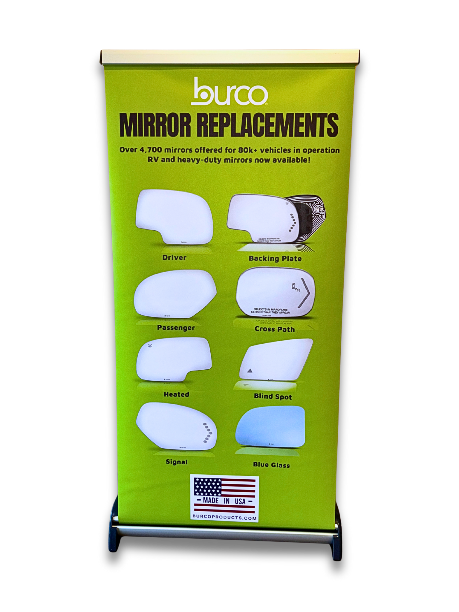 BURCO MIRRORS 15 X34 RETRACTABLE PROMO DISPLAY